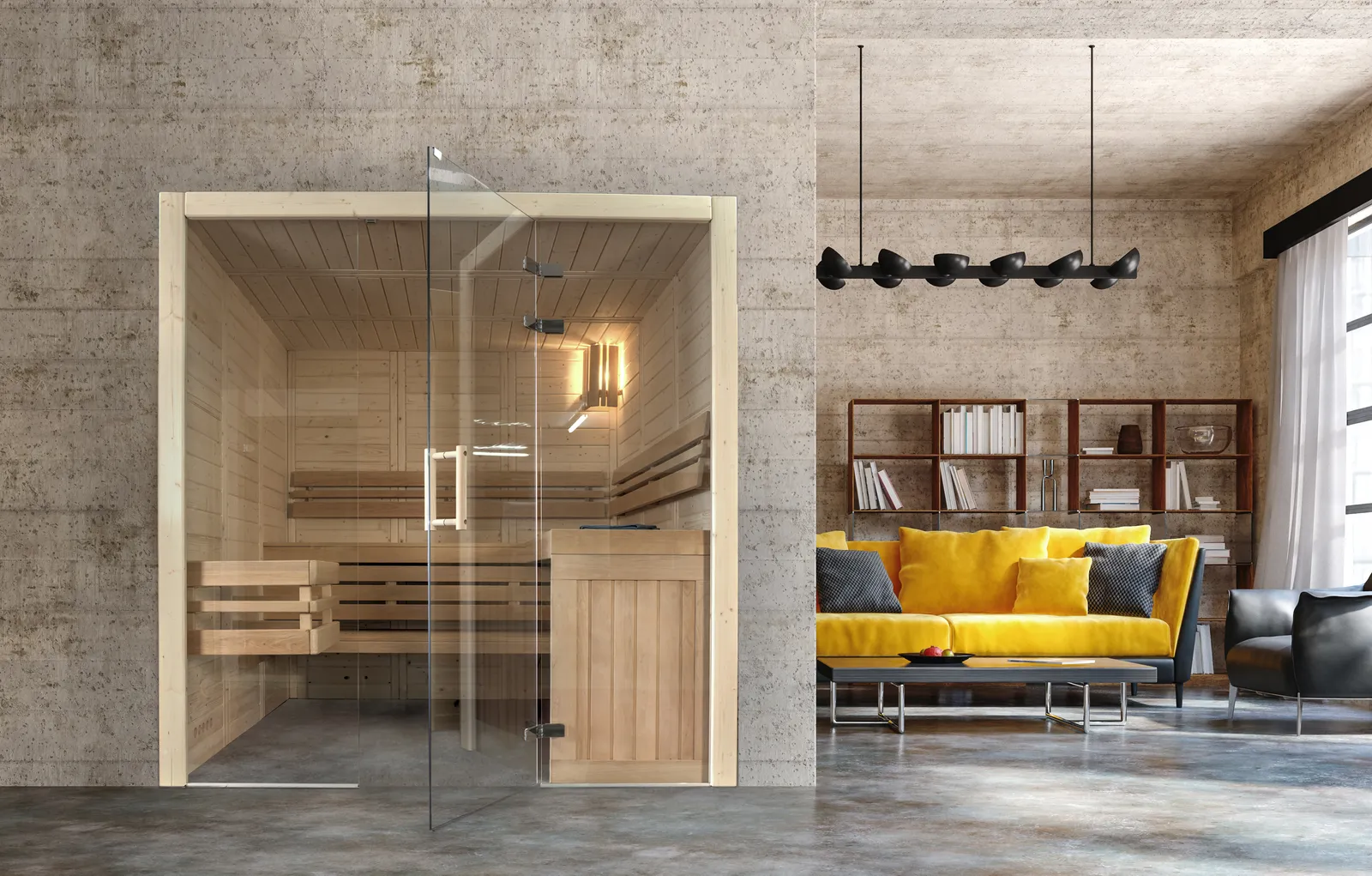 Sauna flächenbündig in eine Wand integriert: Nur die Glastür und der helle Holzrahmen stehen in der Wandfläche, der Innenraum mit Liegebänken ist einzusehen.